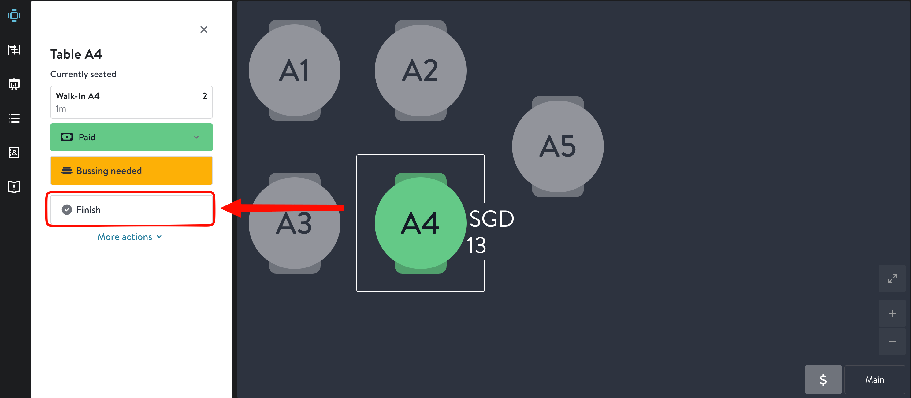 OpenTable Table A4 panel showing a Paid status and the Finish button highlighted to release the table manually
