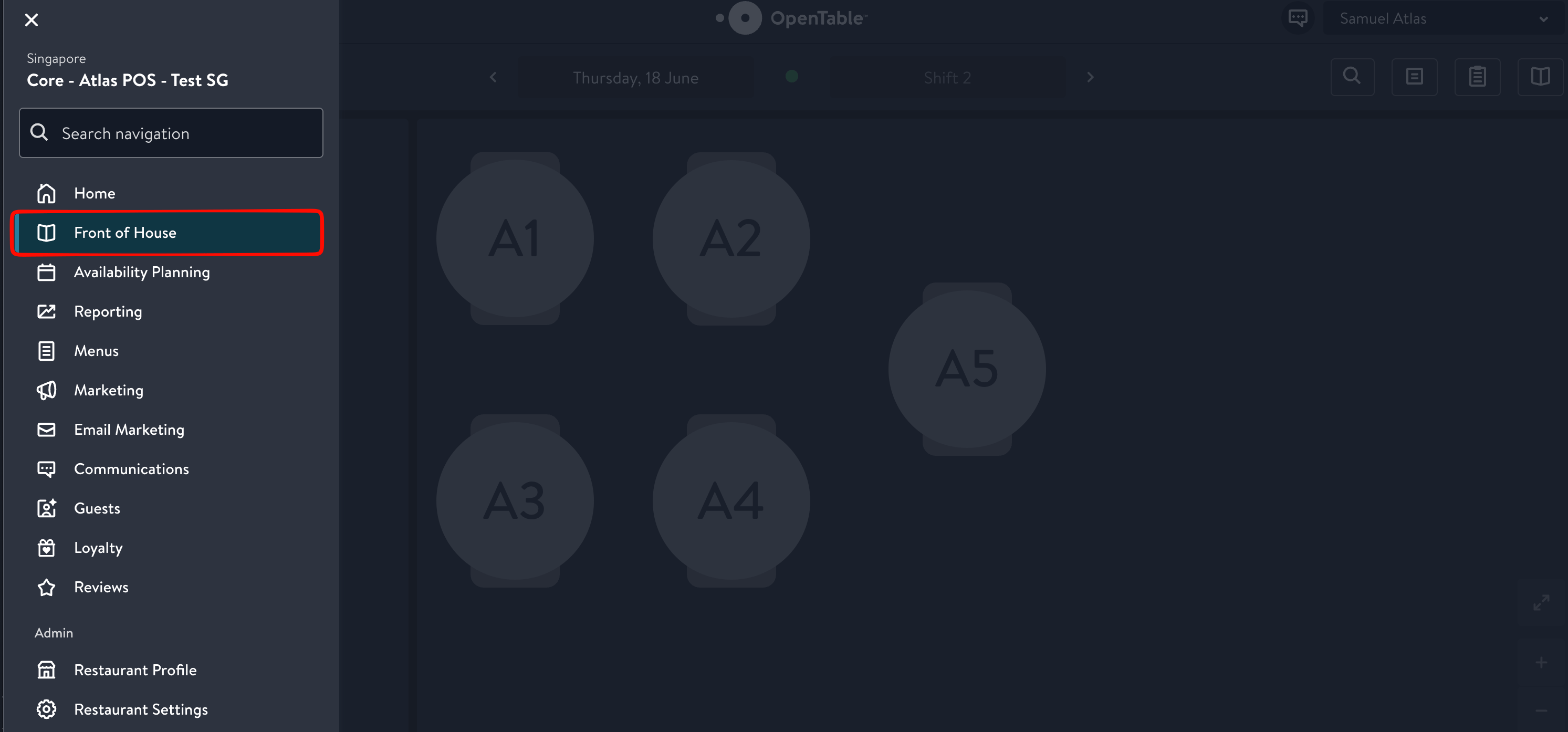 OpenTable left navigation with Front of House highlighted, showing the floor plan with tables A1 to A5