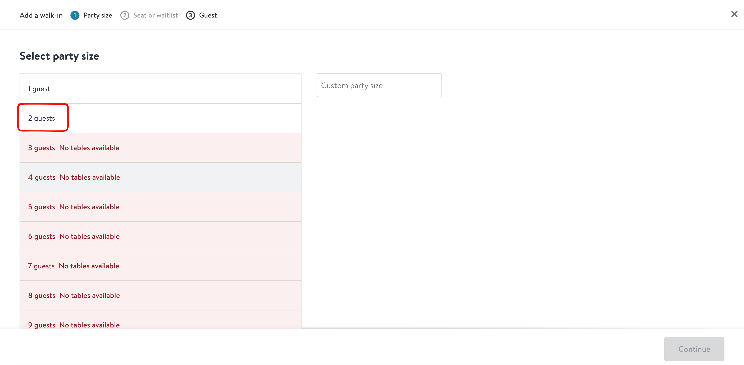 OpenTable Add a walk-in dialog with 2 guests selected as the party size