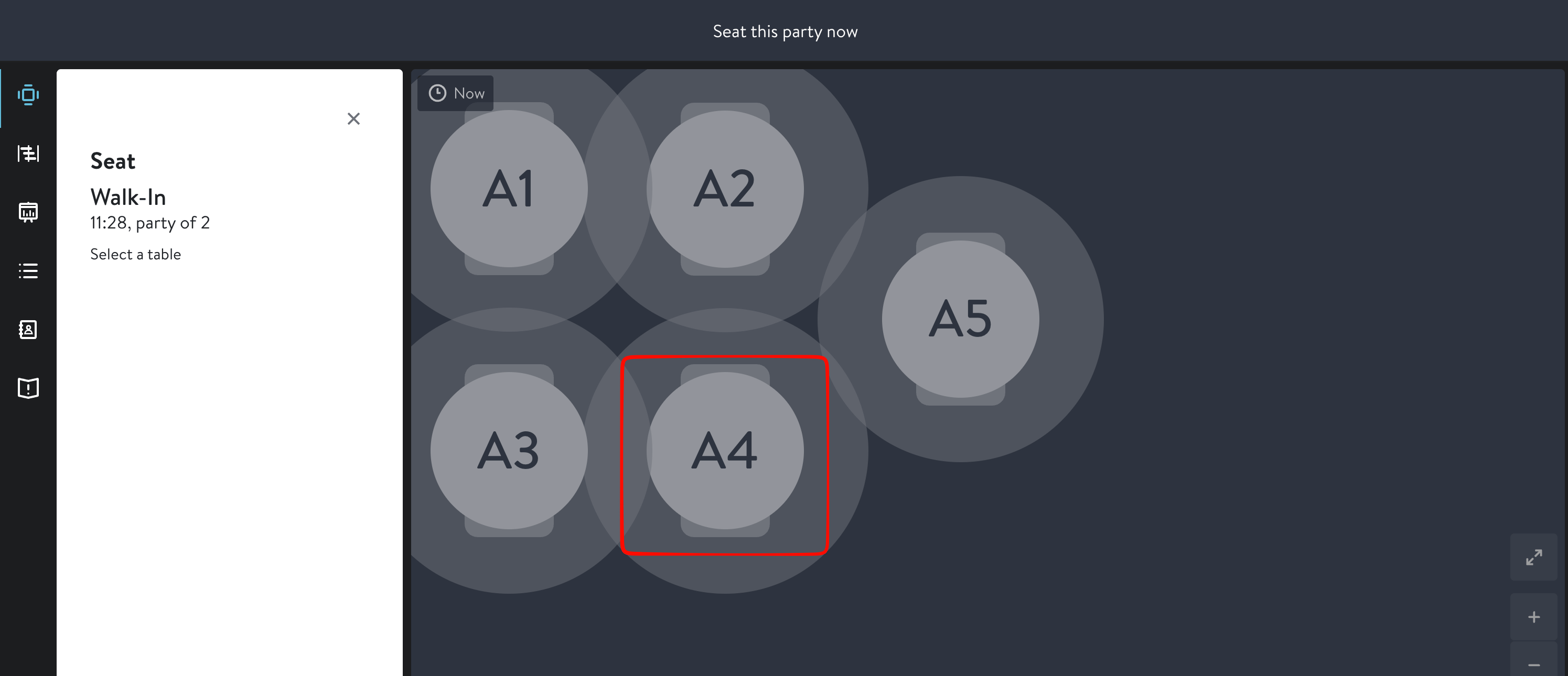 OpenTable floor plan in seat mode with table A4 highlighted and a Seat Walk-In panel showing party of 2