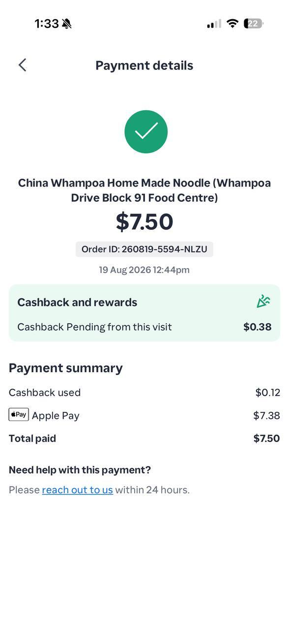 ShopBack app Payment details screen showing a successful 7.50 payment with a green tick, the Order ID, date and time, store name, cashback earned, and payment summary
