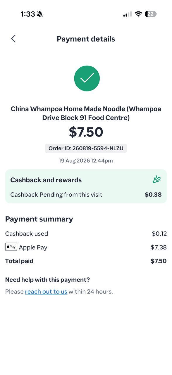 ShopBack app Payment details screen showing a successful 7.50 payment with a green tick, the Order ID, date and time, store name, cashback earned, and payment summary