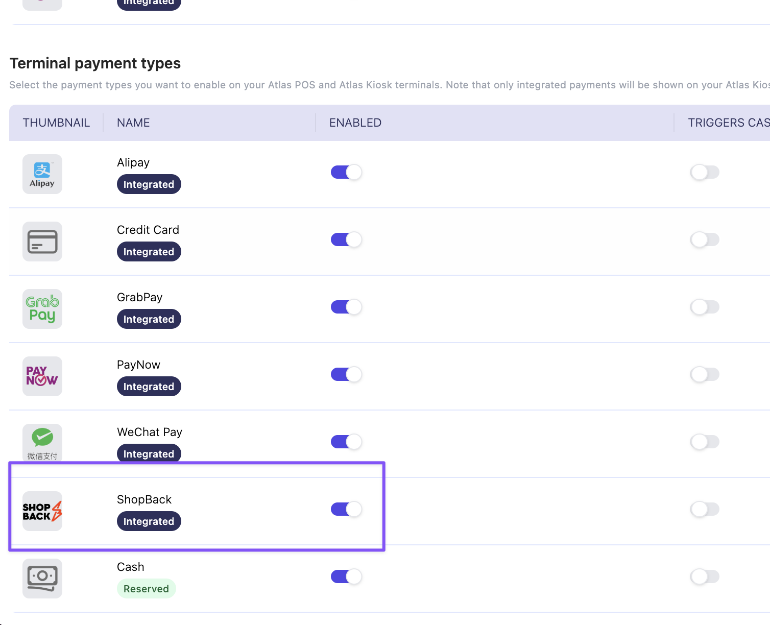 Terminal payment types list in the merchant portal with the ShopBack row highlighted and its Enabled toggle switched on