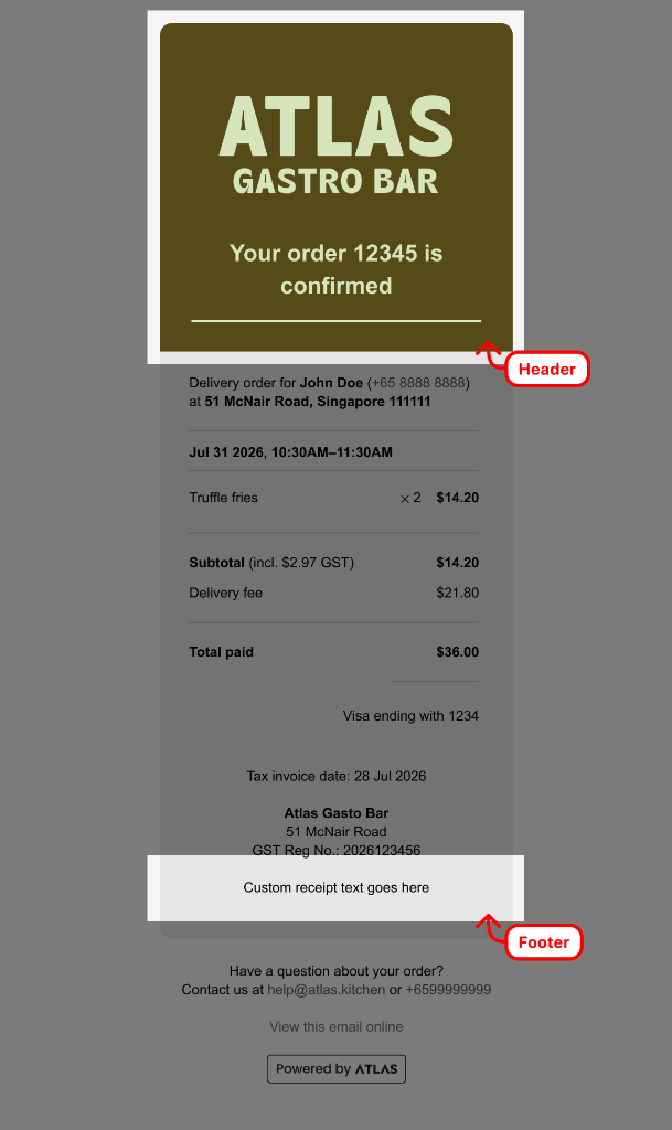 Digital receipt email with the branded header at the top and the custom text footer below the outlet details highlighted