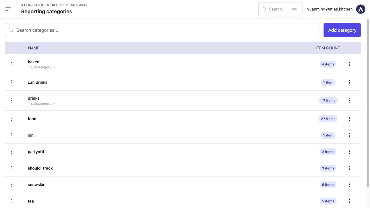 Reporting categories page with a table listing categories like food, drinks, and baked, each showing an item count badge on the right
