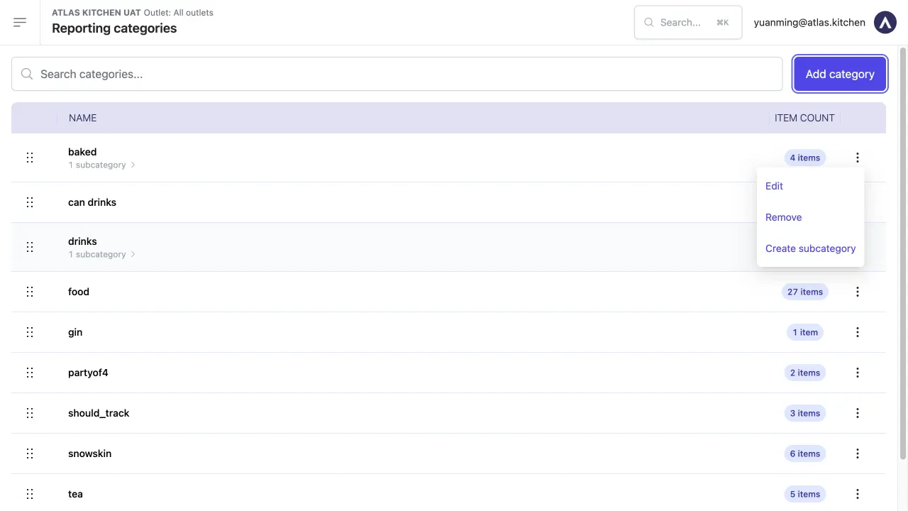 Three-dot dropdown menu showing Edit, Remove, and Create subcategory options for a reporting category