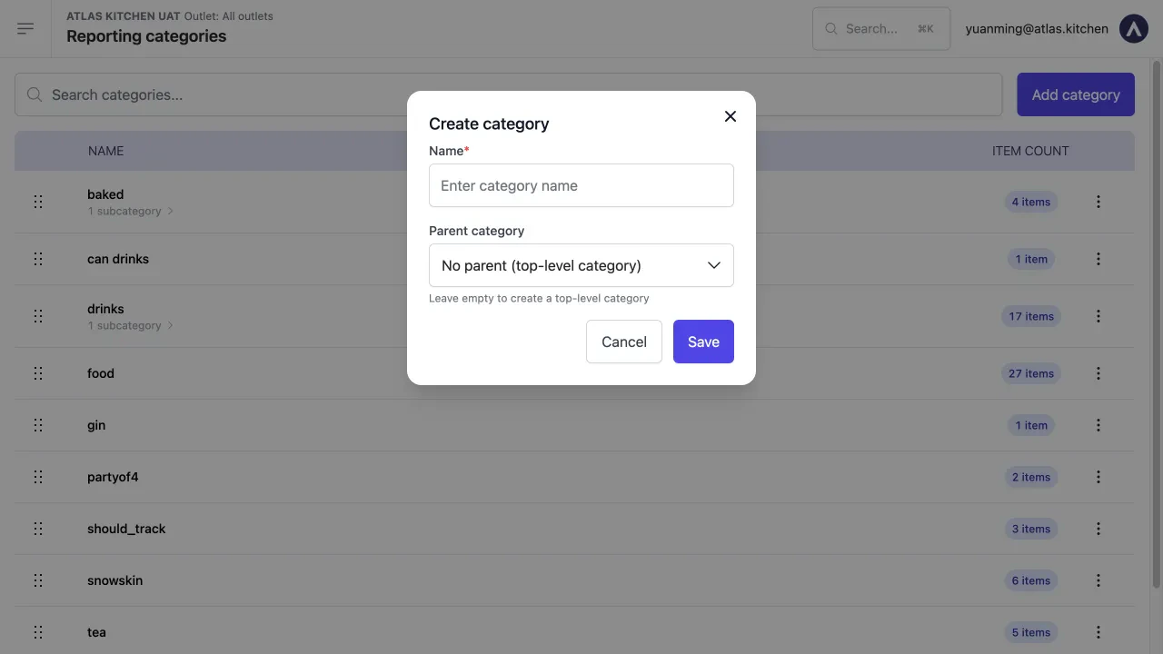 Create category modal showing a Name text field and a Parent category dropdown set to No parent (top-level category), with Cancel and Save buttons