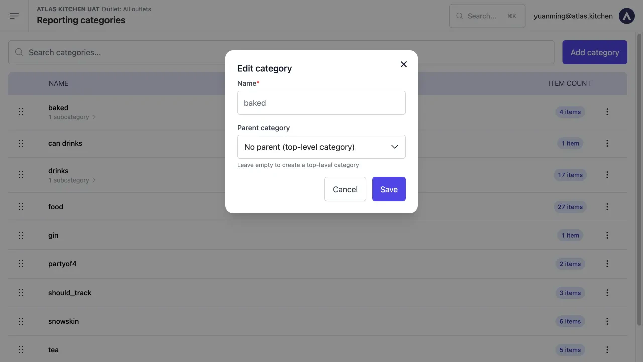Edit category modal showing the current category name in the Name field and a Parent category dropdown, with Cancel and Save buttons