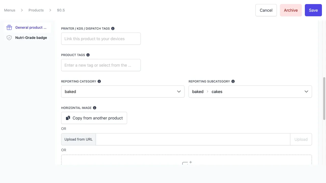 Product edit form showing a Reporting category dropdown set to food, and a Reporting subcategory dropdown next to it, below the Product tags field