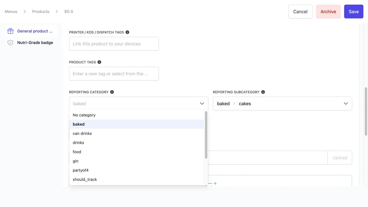 Reporting category dropdown expanded showing available category options including No category, food, drinks, and others