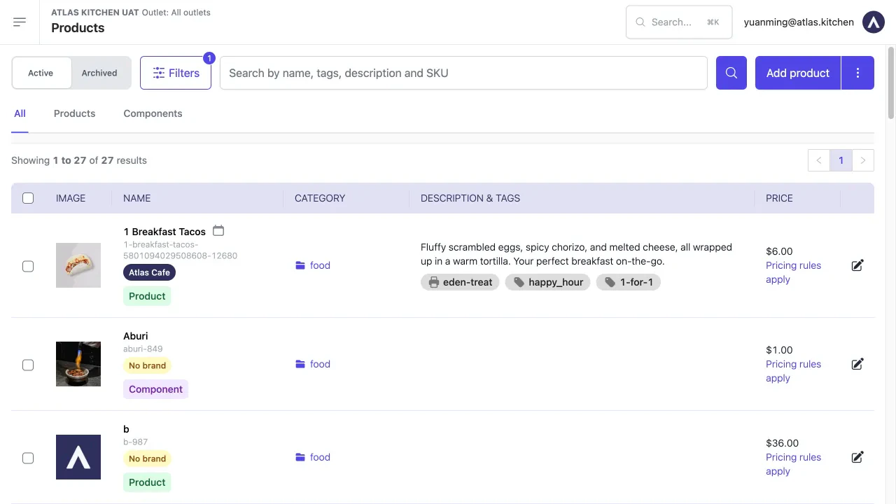 Products page filtered by reporting category, showing the Filters button highlighted with 1 active filter, and all listed products displaying the same category tag in the Category column