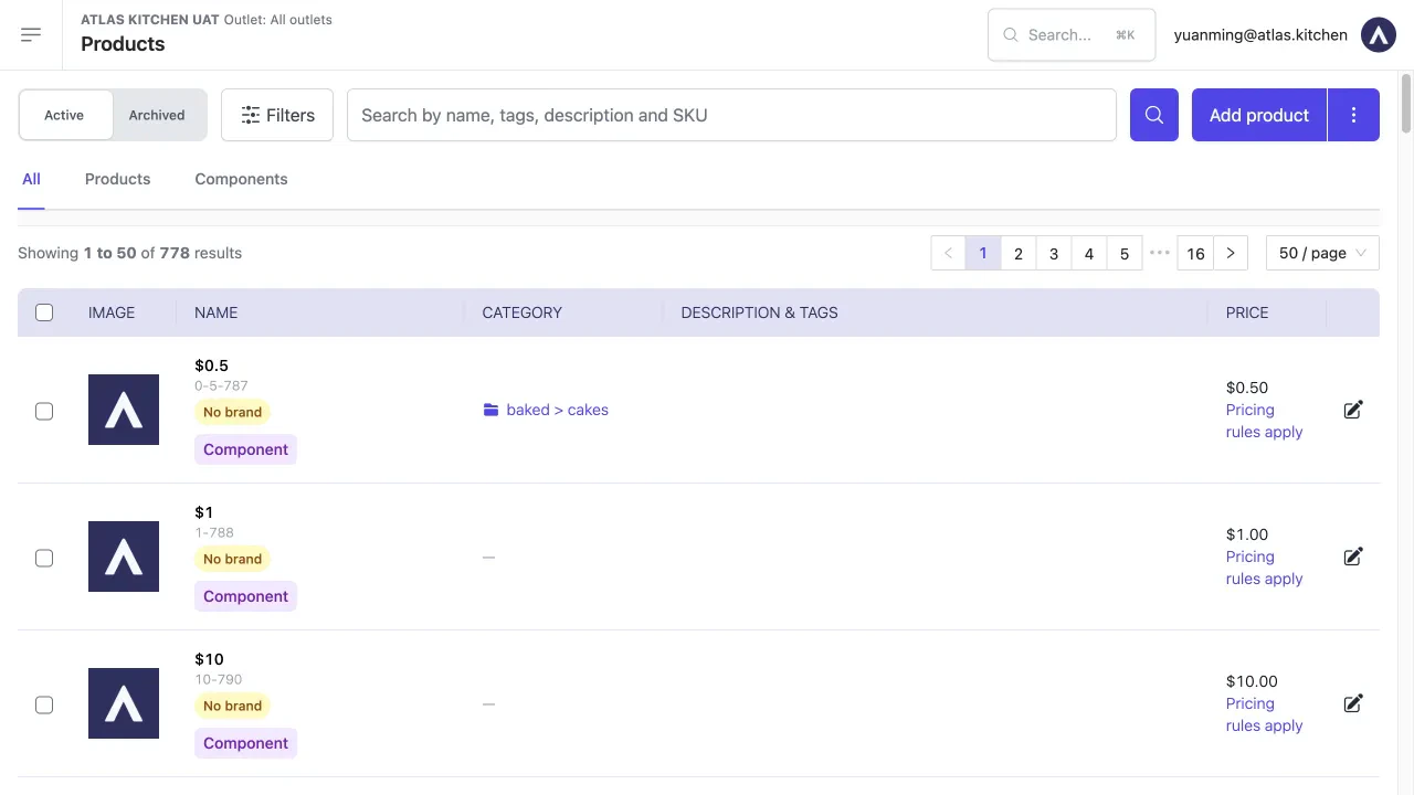 Products table with Category column showing reporting category tags like food and baked next to a bar chart icon