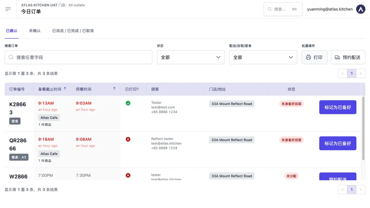 Atlas Merchant Portal orders page displayed entirely in Chinese, with navigation tabs, column headers, and buttons all translated. Order IDs and customer data remain unchanged.