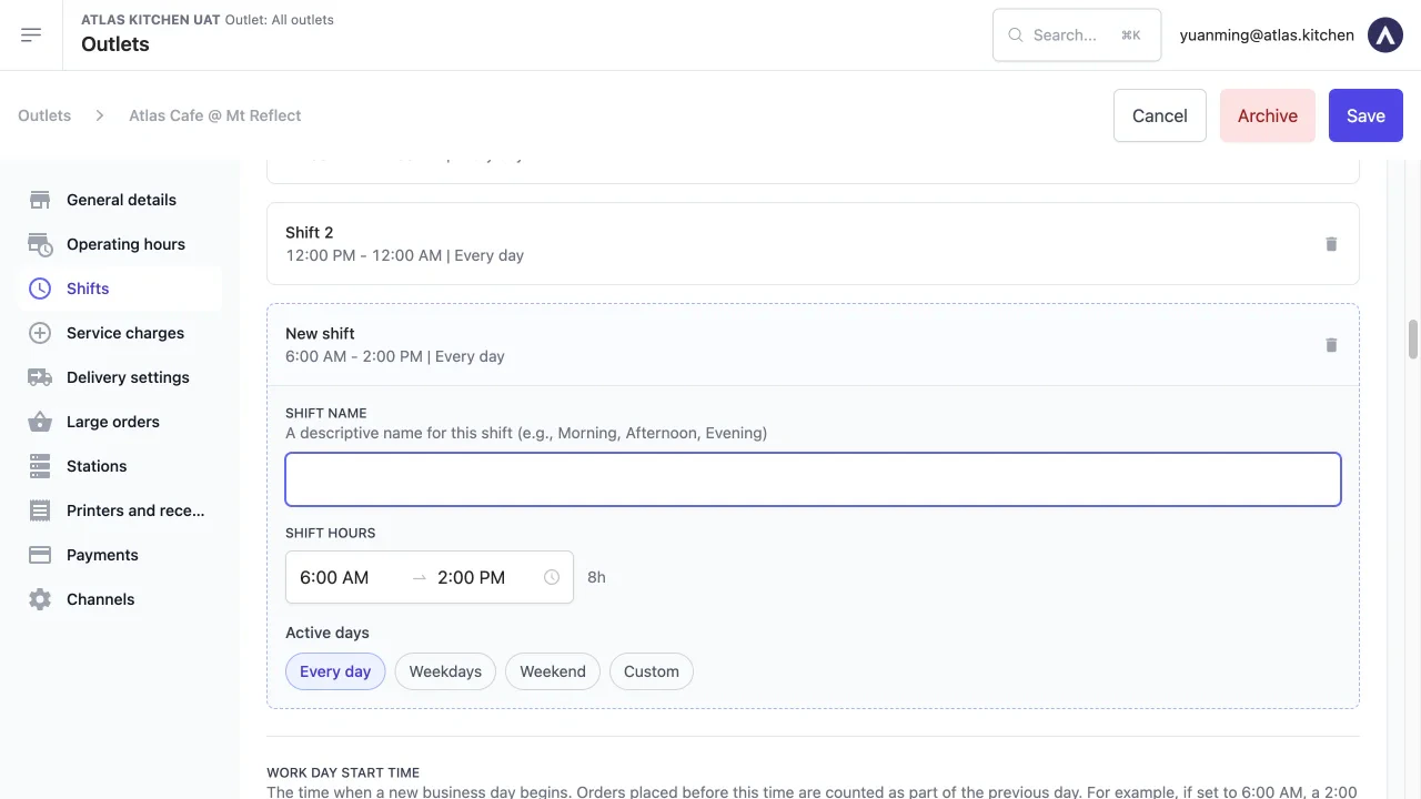 New shift form showing Shift Name field with placeholder text, Shift Hours with 6:00 AM to 2:00 PM time pickers showing 8h duration, and Active days toggle buttons for Every day, Weekdays, Weekend, and Custom