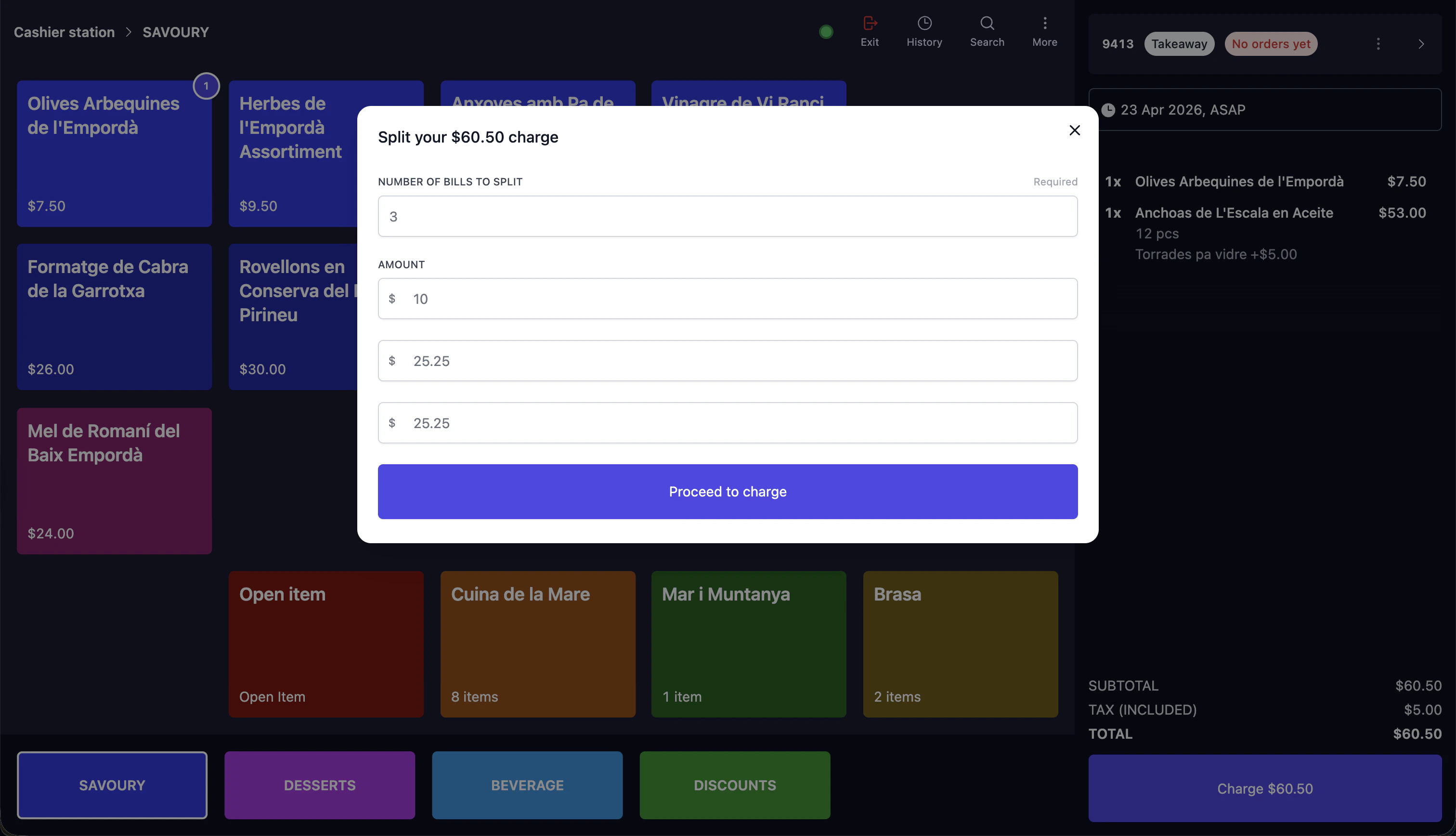 Split bill modal showing number of bills to split, individual amounts, and Proceed to charge button