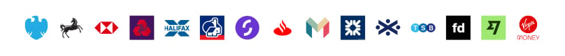 Logos of major UK banks supported by Atoa, including Barclays, Lloyds, HSBC, NatWest, Santander, Monzo, TSB, first direct, Wise and Virgin Money.