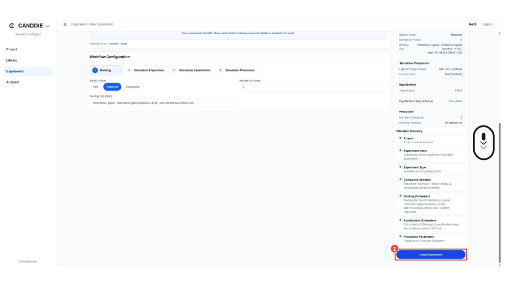 Workflow Configuration 및 Create Experiment 버튼