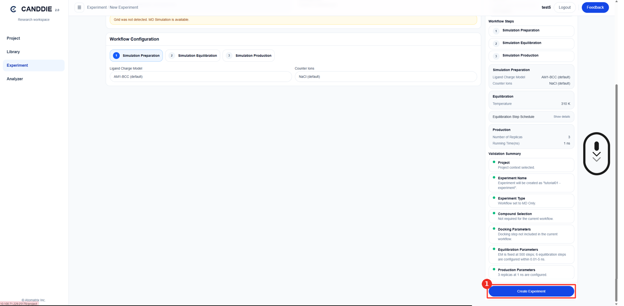 Workflow Configuration 및 Create Experiment 버튼
