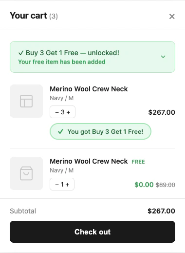 Completed upsell showing success message and free item added to cart