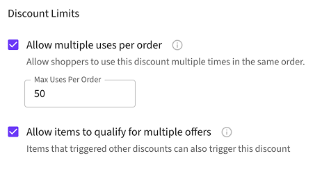Discount Limits section in offer configuration showing both settings
