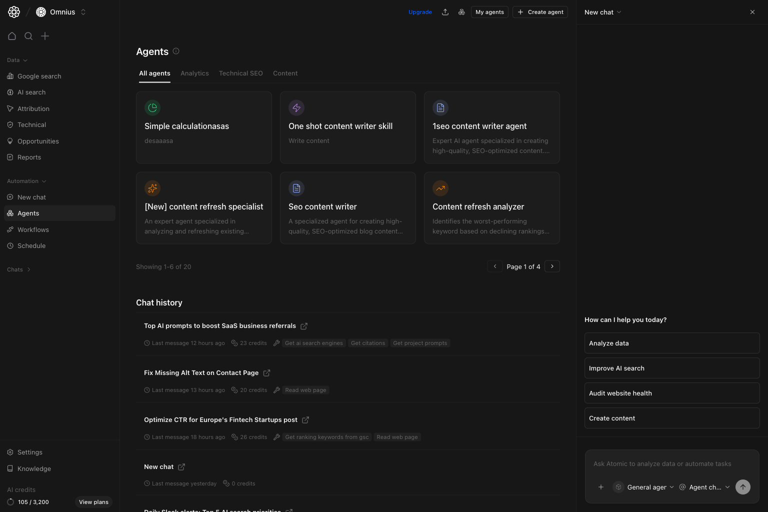 AI sidebar open on the right side of the Agents page for quick prompts and actions