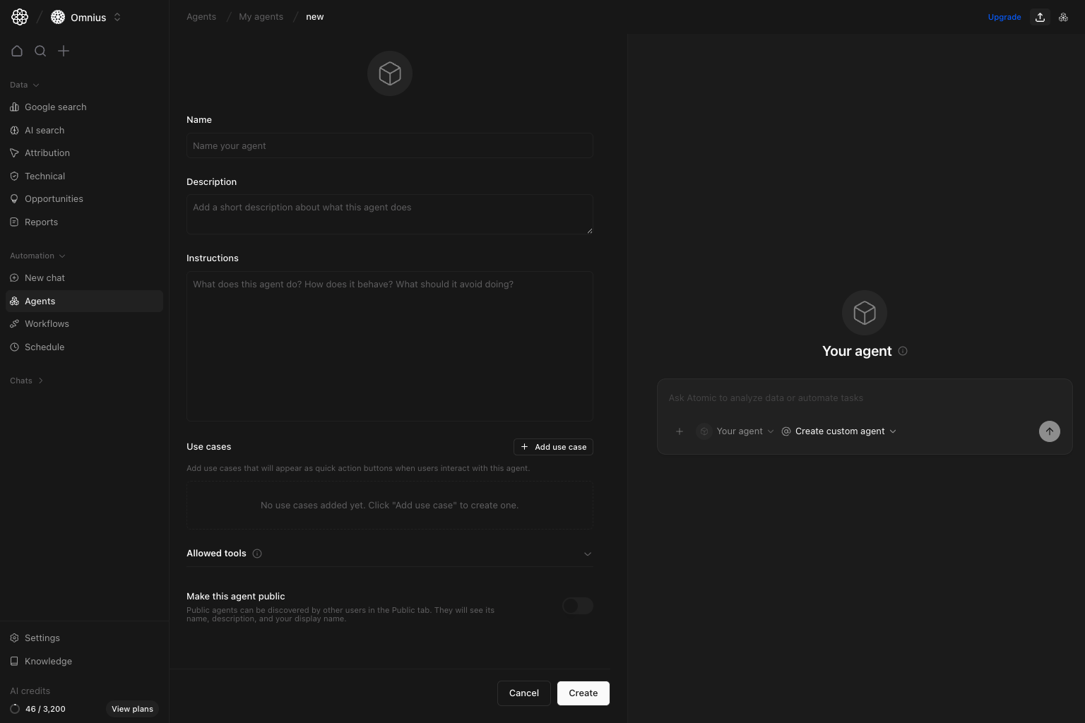Create agent form with name, description, instructions, and use cases