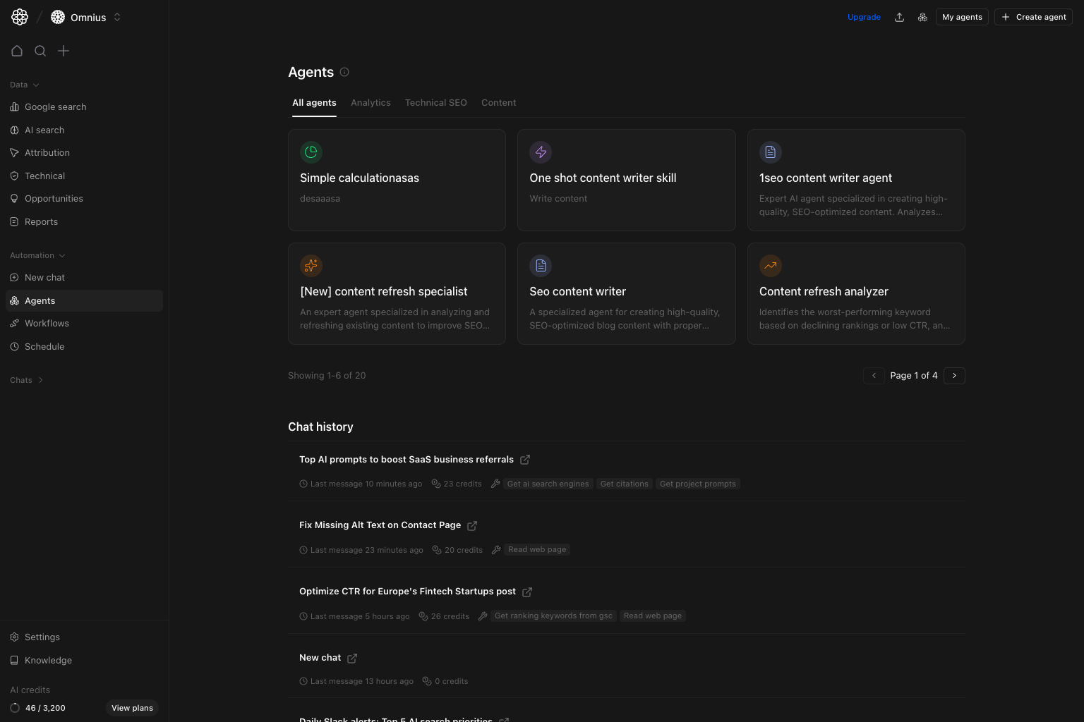 Agents page with library tabs and chat history