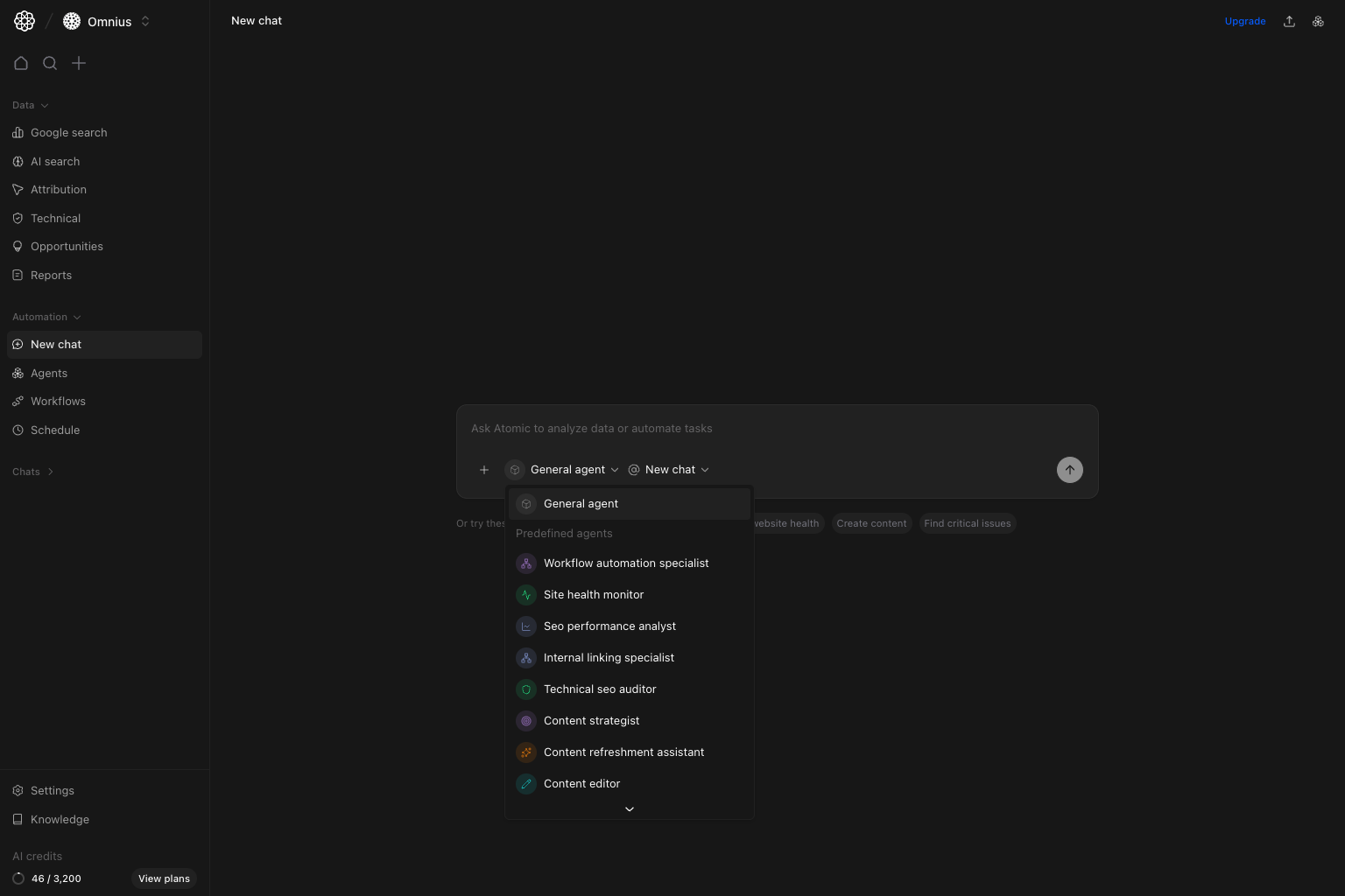 New chat with General agent dropdown open