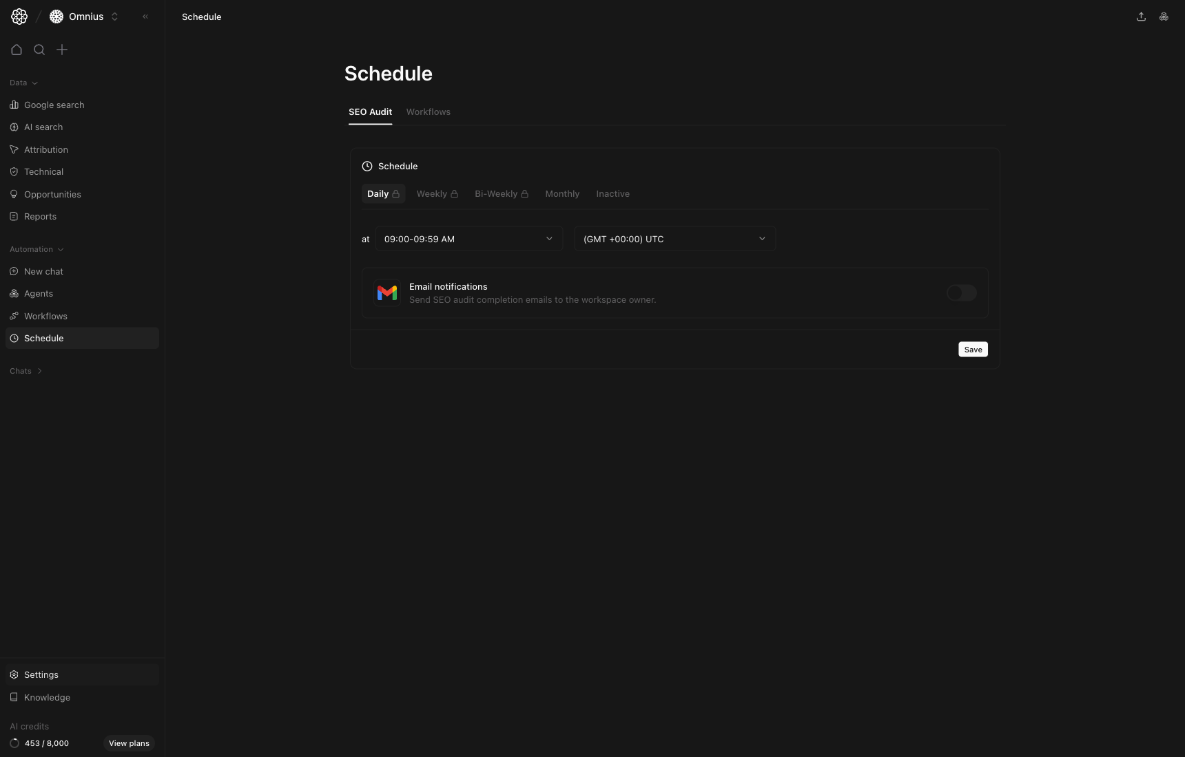 Schedule page with SEO audit scheduling controls