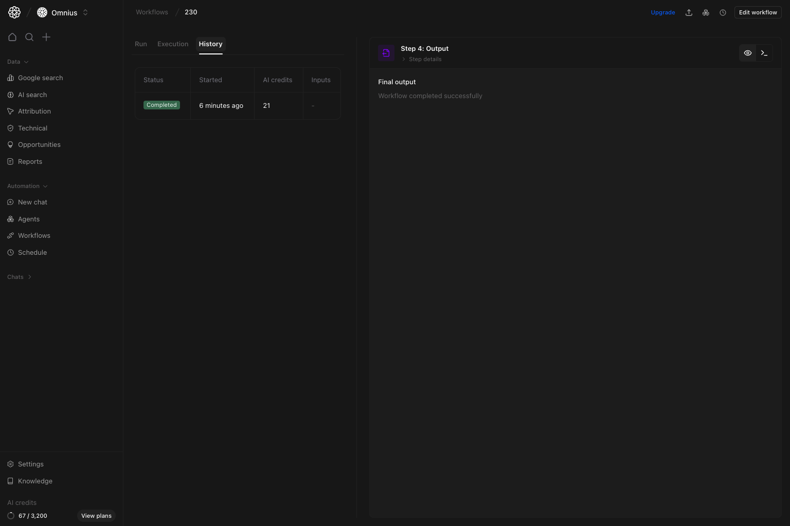 Workflow detail History tab with run status and AI credit usage