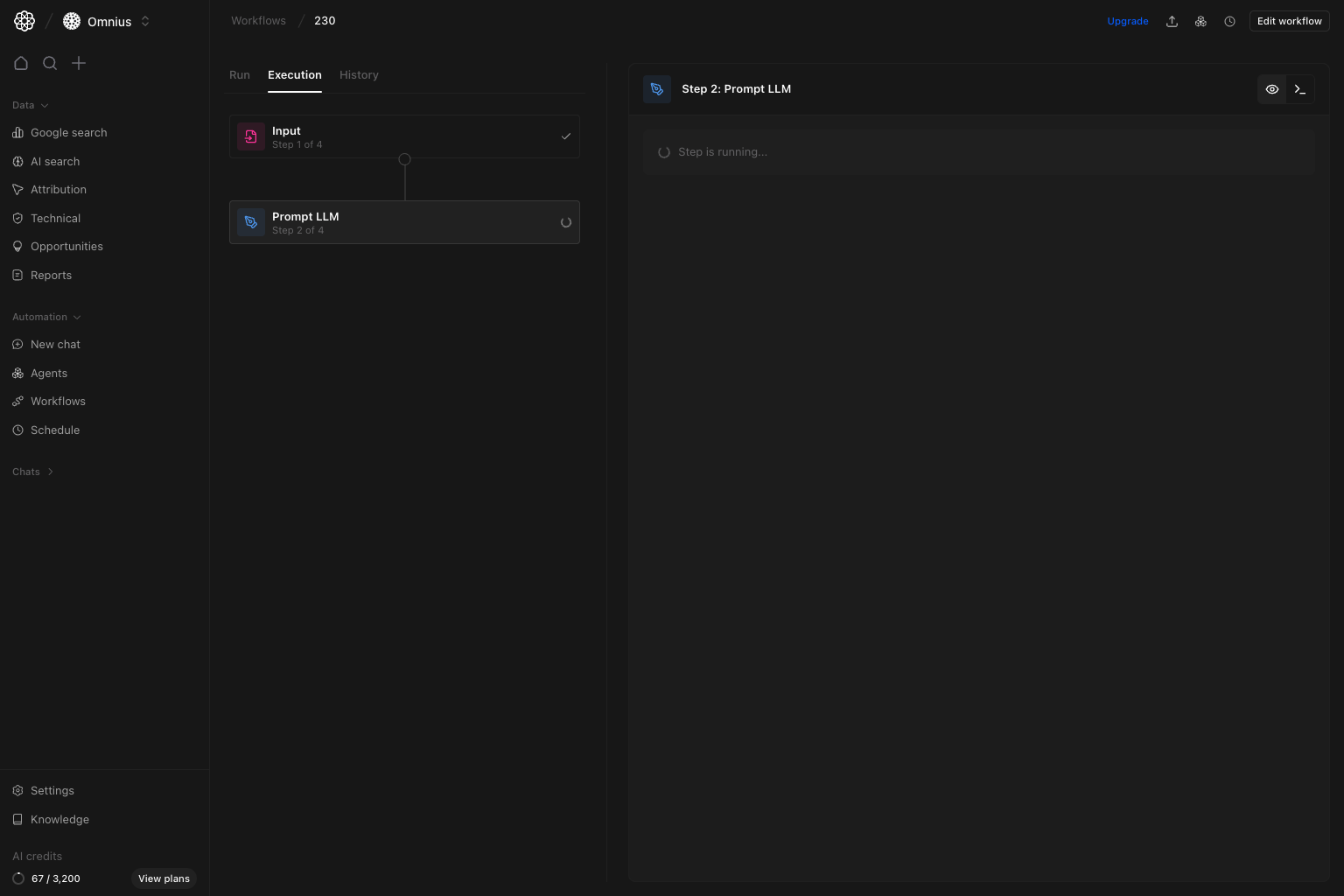 Workflow detail Execution tab showing live step progress