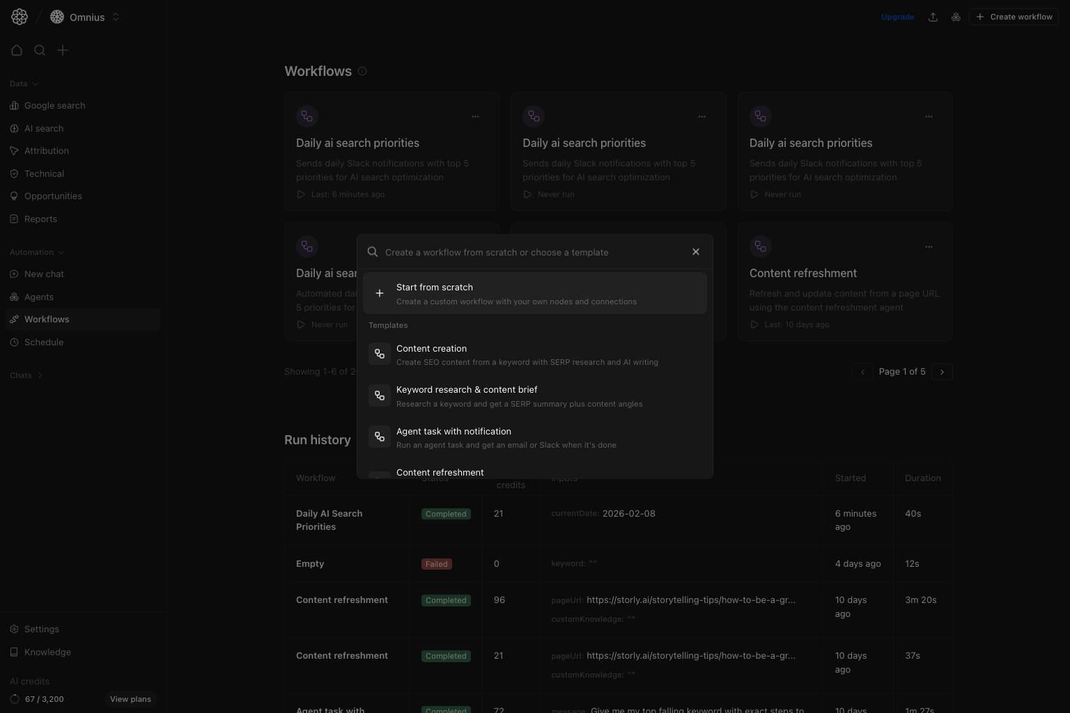 Create workflow modal with start from scratch and template options
