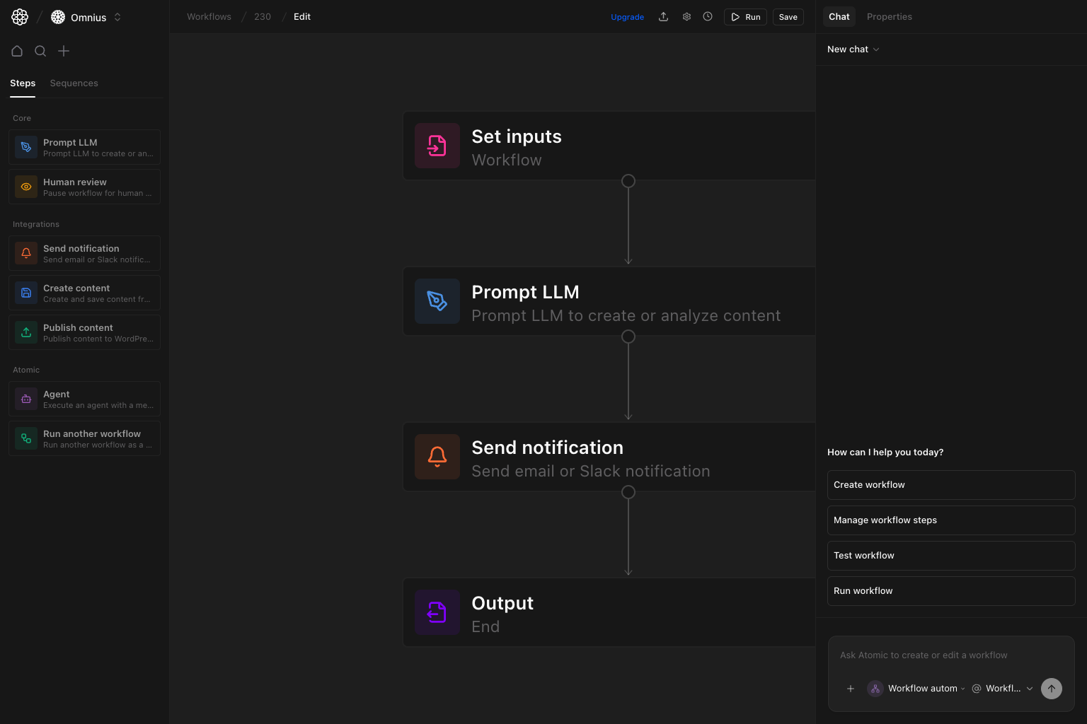Workflow editor with visual step graph and step palette