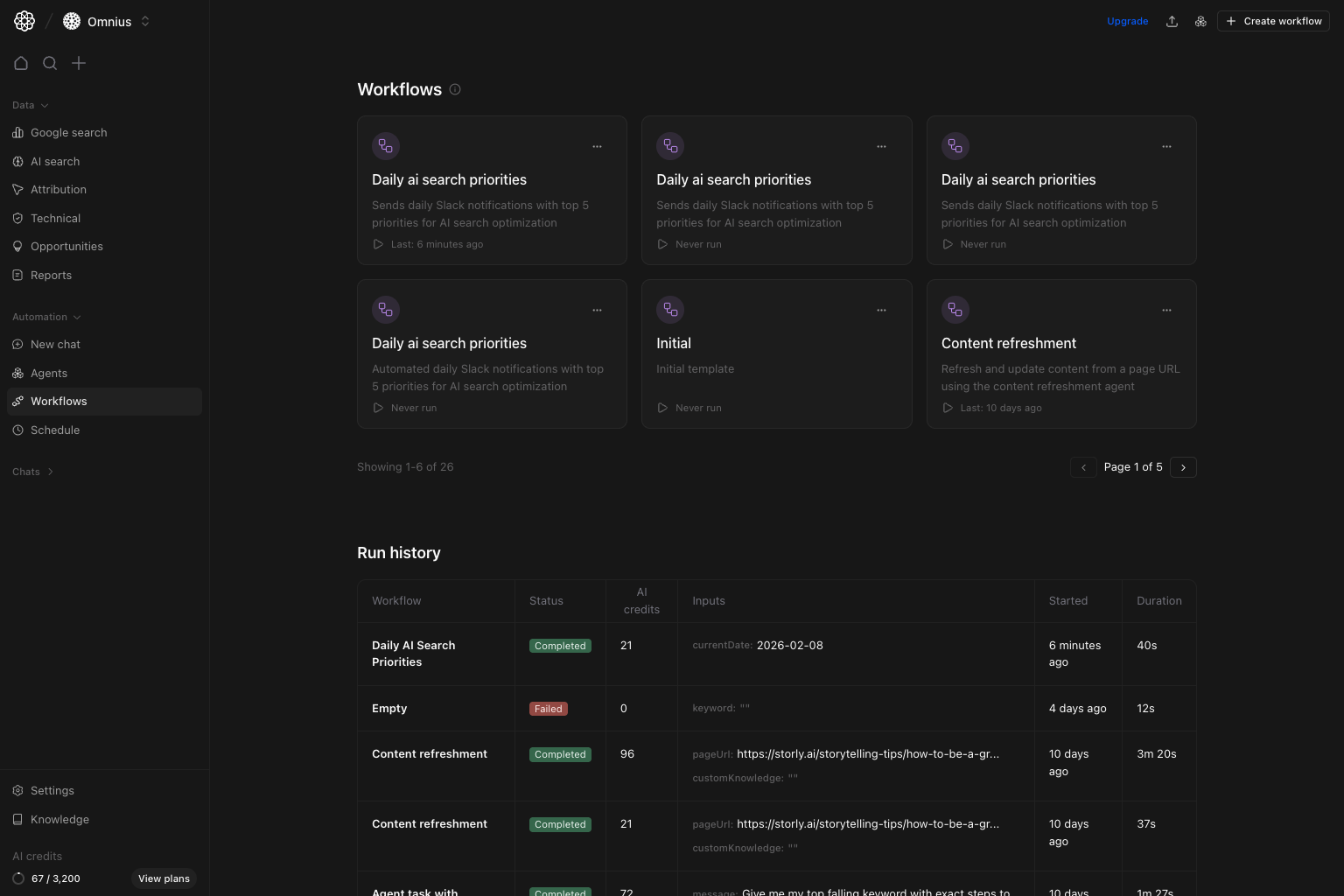 Workflows library with workflow cards and run history table