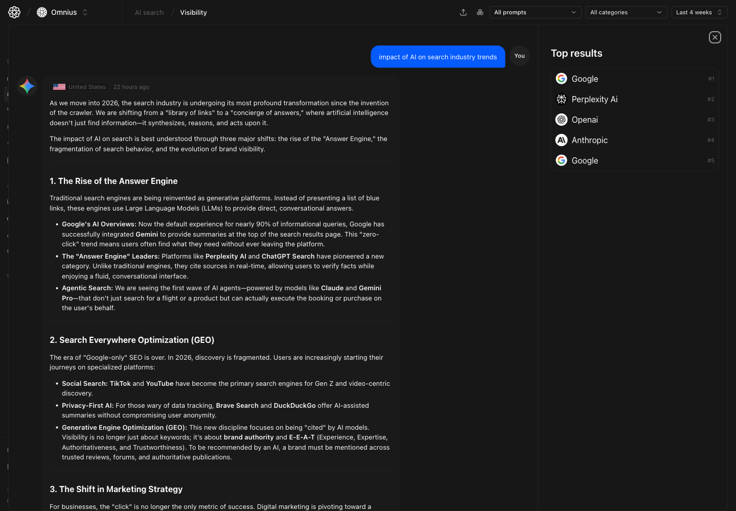 AI Search Visibility chat detail panel with full generated answer and top results list
