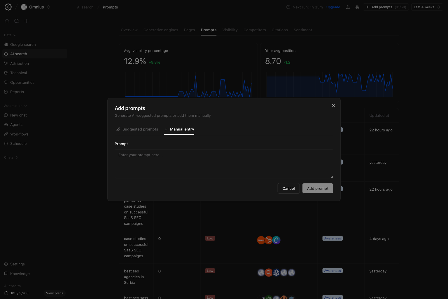 Add prompts modal on Manual entry tab with prompt textarea and Add prompt button