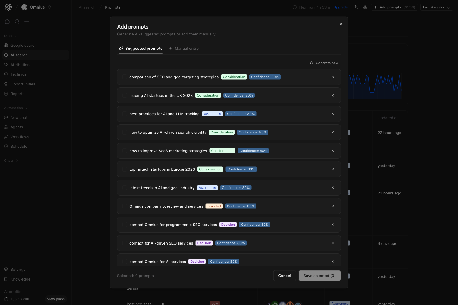 Add prompts modal on Suggested prompts tab with generated prompt ideas, confidence, and save selected action