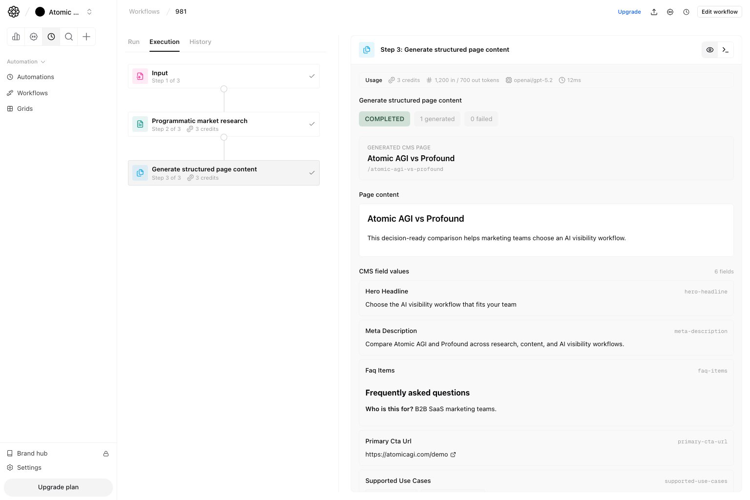 Workflow run output showing a generated programmatic Webflow CMS page and its mapped field values