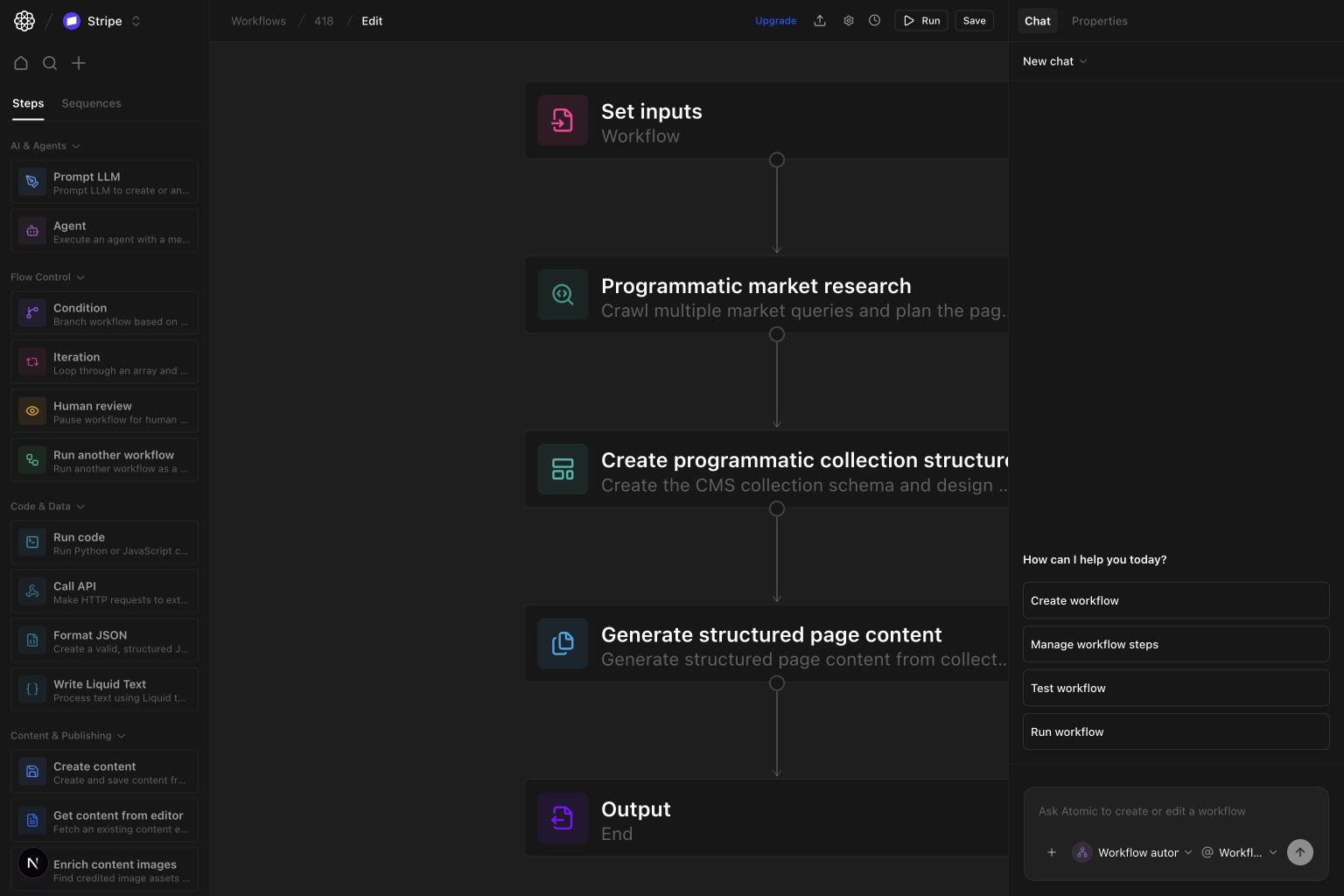 Workflow editor Programmatic Pages sidebar showing Programmatic market research