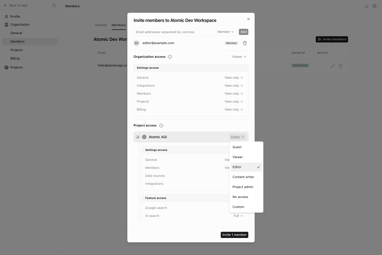 Member invitation with organization and project permission preset controls