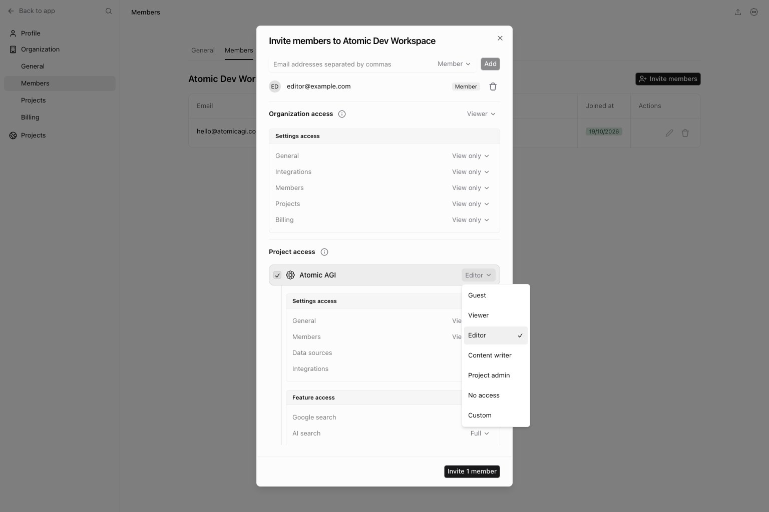 Member invitation with organization and project permission preset controls