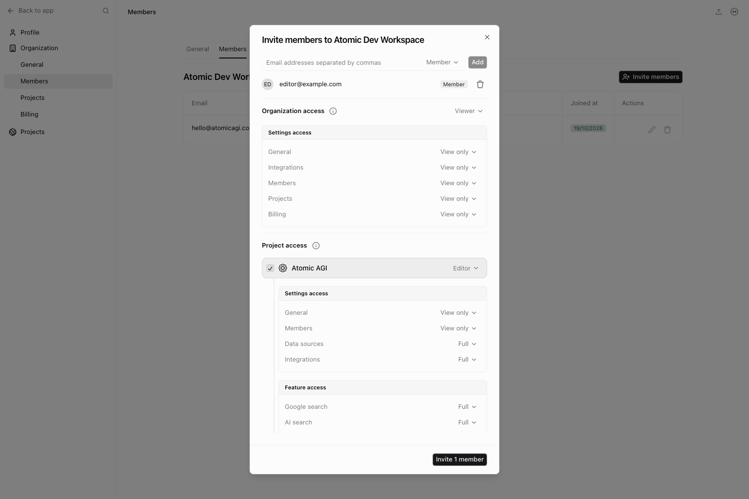 Invite members dialog showing email input, role selector, workspace permissions, and project access
