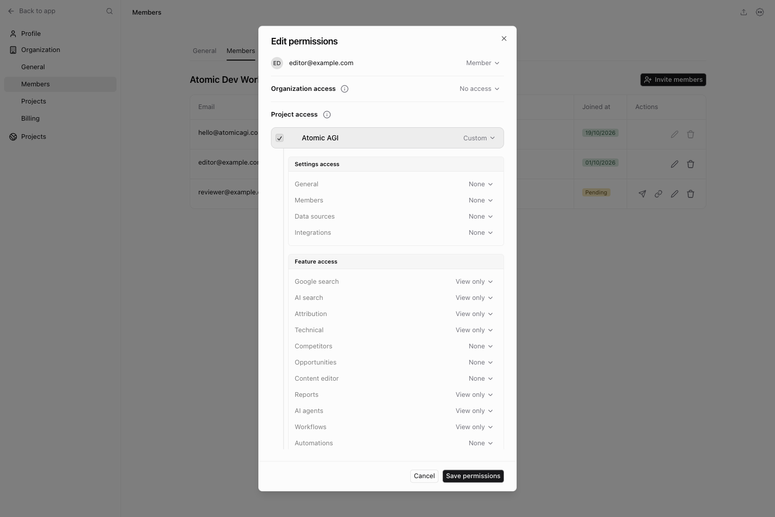 Edit permissions dialog with role, workspace permissions, and project feature permissions