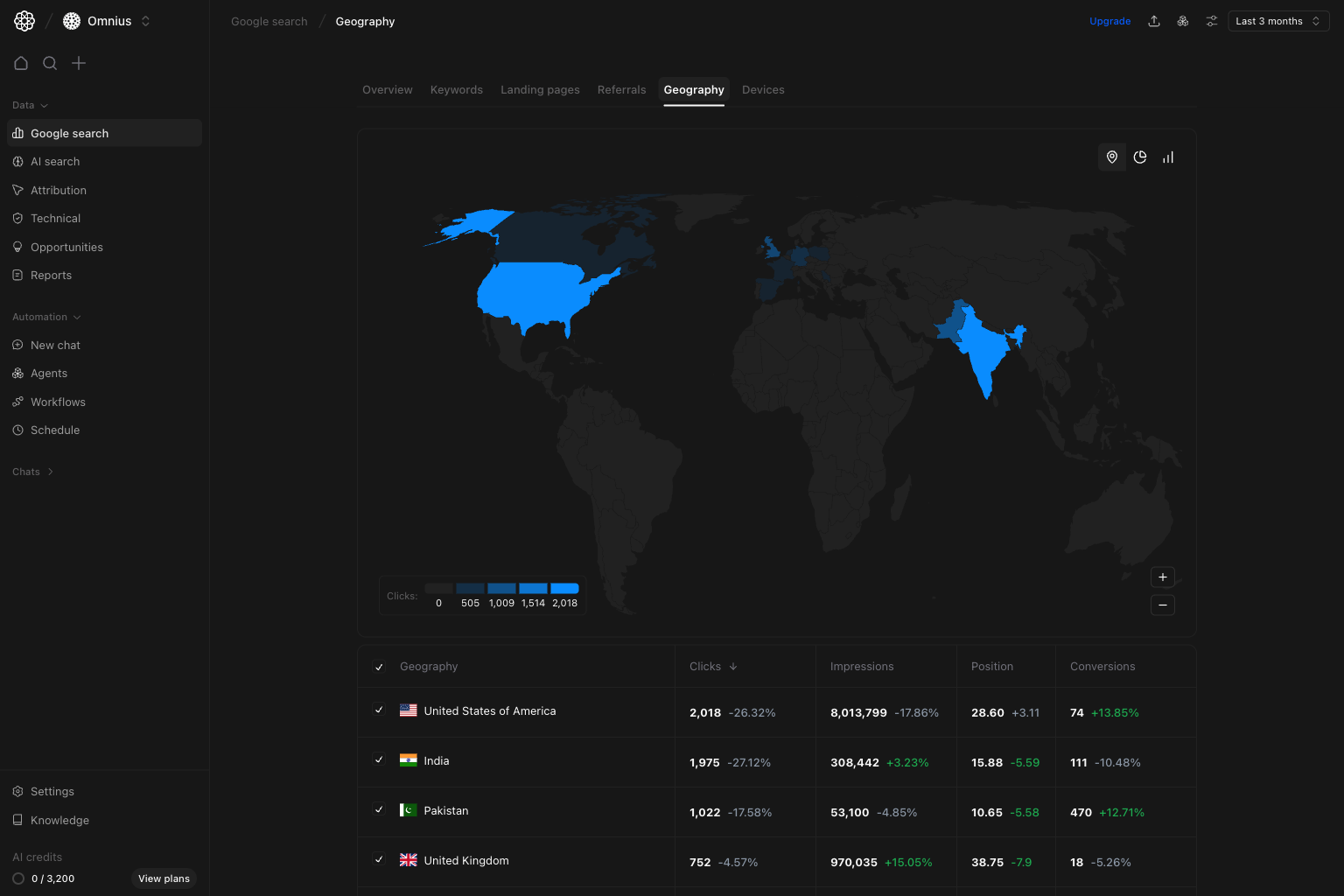 Google Search geography tab with world map and country table