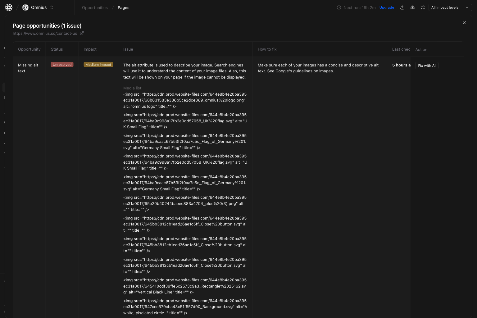 Page opportunities modal with issue details, how-to-fix guidance, and action button
