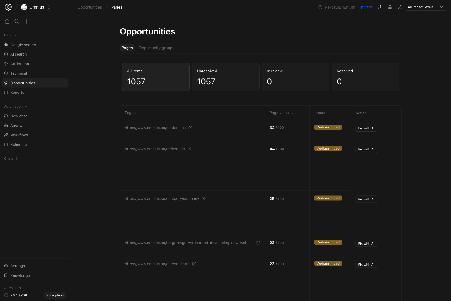 Opportunities pages overview with cards and page table