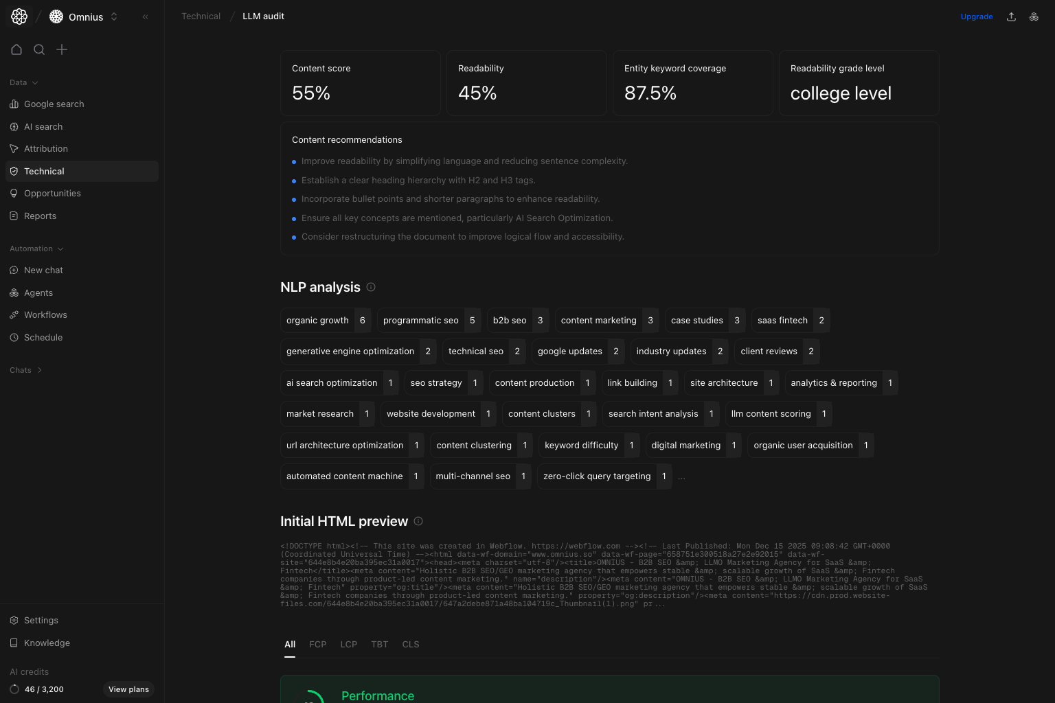 LLM audit details with content structure analysis, readability, NLP analysis, and HTML preview