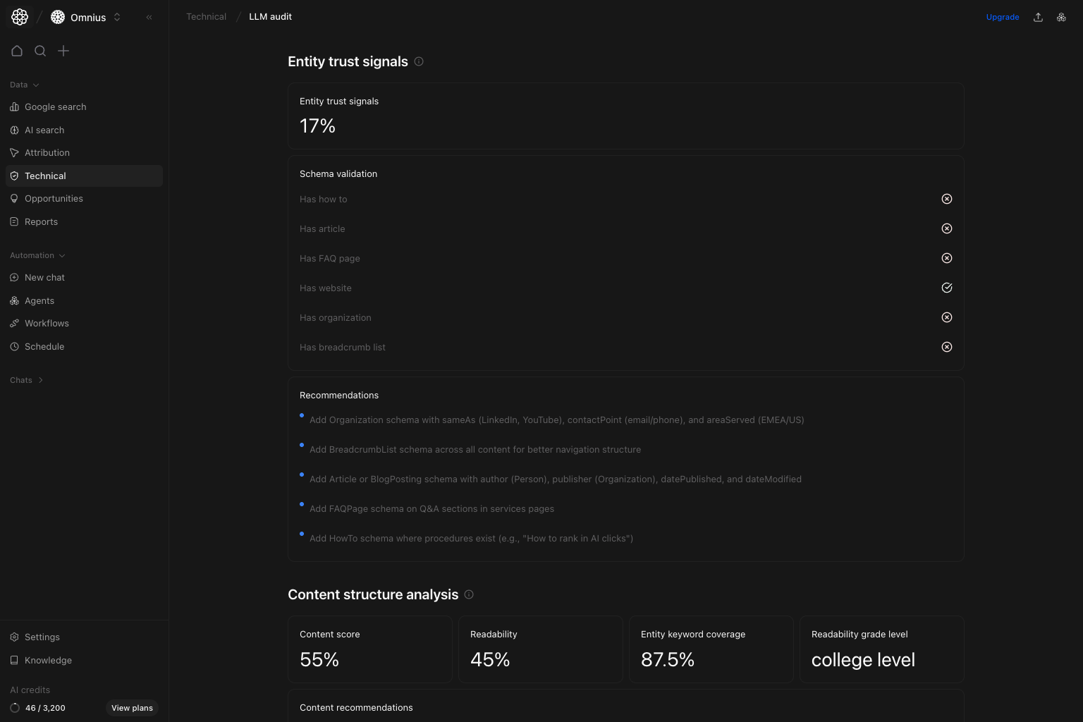 LLM audit details with entity trust signals, schema validation, and recommendations