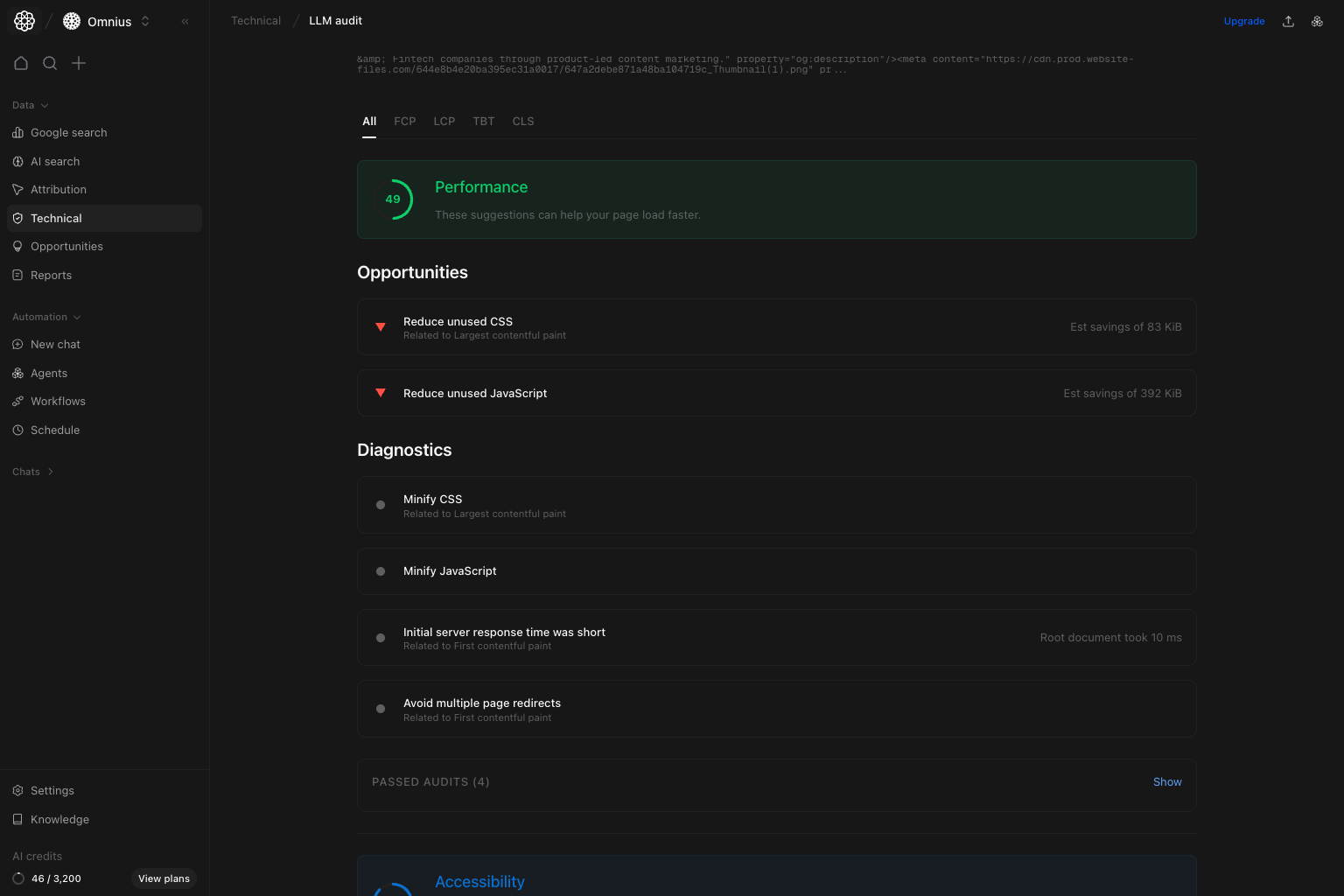 LLM audit details with initial HTML preview and Lighthouse performance diagnostics