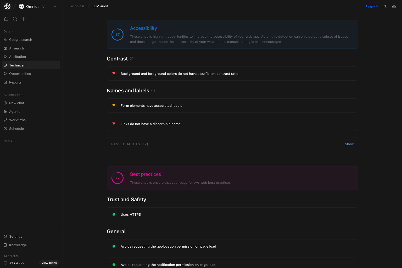 LLM audit details accessibility and best practices checks with contrast and labels findings
